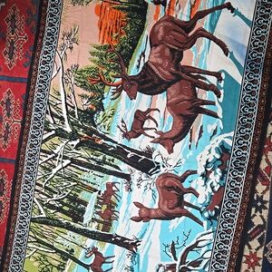Vintage Deer Herd Winter Forest Landscape Retro Cabin Rustic Home Decor Cotton